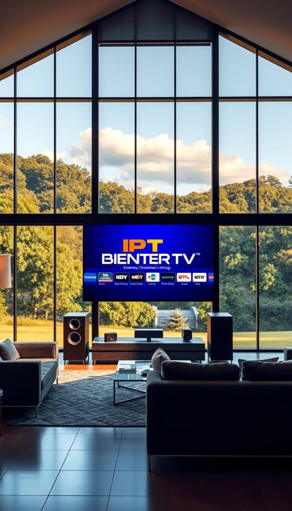 A high-quality, wide-angle photograph of a modern, stylish living room with an expansive, floor-to-ceiling window overlooking a lush, verdant landscape. The room is filled with natural light, casting a warm, inviting glow. On the centerpiece television, the IPTVANBIETERTV logo is prominently displayed, showcasing its extensive channel lineup and diverse content. The television is flanked by premium audio equipment, creating an immersive home entertainment experience. The room is decorated with sleek, minimalist furniture, complemented by tasteful artwork and décor, exuding a sense of sophistication and comfort. A high-quality, wide-angle photograph of a modern, stylish living room with an expansive, floor-to-ceiling window overlooking a lush, verdant landscape. The room is filled with natural light, casting a warm, inviting glow. On the centerpiece television, the IPTVANBIETERTV logo is prominently displayed, showcasing its extensive channel lineup and diverse content. The television is flanked by premium audio equipment, creating an immersive home entertainment experience. The room is decorated with sleek, minimalist furniture, complemented by tasteful artwork and décor, exuding a sense of sophistication and comfort.