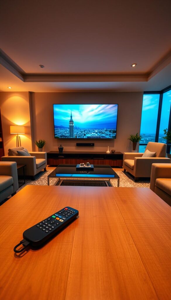 A high-quality, wide-angle photograph of a sleek, modern living room with a large flat-screen TV mounted on the wall. The room is bathed in warm, ambient lighting, creating a cozy and inviting atmosphere. In the foreground, a neatly arranged coffee table displays various remote controls, including one for the IPTVANBIETERTV service. The middle ground features a comfortable sofa and armchair, inviting viewers to imagine themselves relaxing and enjoying the entertainment options. The background showcases large windows, providing a scenic view of a city skyline or serene landscape. The overall scene conveys the convenience and cost-effectiveness of a lifelong IPTV subscription compared to traditional cable or satellite TV providers.