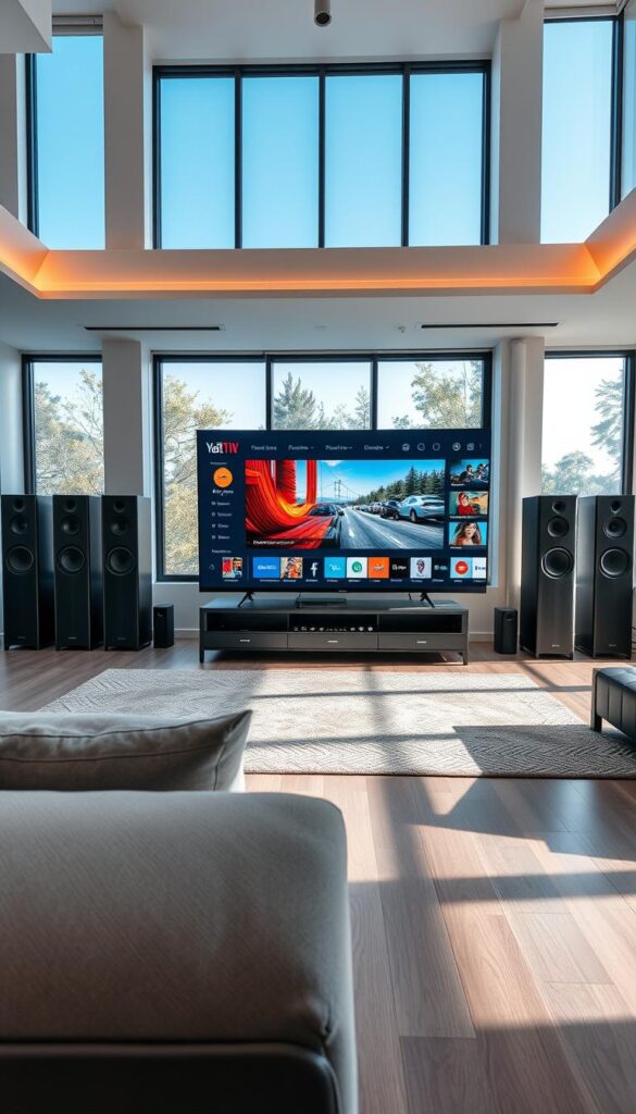 A high-quality, wide-angle shot of a modern, spacious living room with an immersive entertainment setup. In the foreground, a sleek, minimalist IPTVANBIETERTV interface displays a rich selection of live TV channels, on-demand content, and personalized recommendations. The middle ground showcases a state-of-the-art smart TV with a large, vibrant screen, surrounded by premium audio equipment. The background features floor-to-ceiling windows, allowing natural light to flood the space and create a bright, airy atmosphere. The overall scene conveys a sense of convenience, customization, and a seamless entertainment experience.