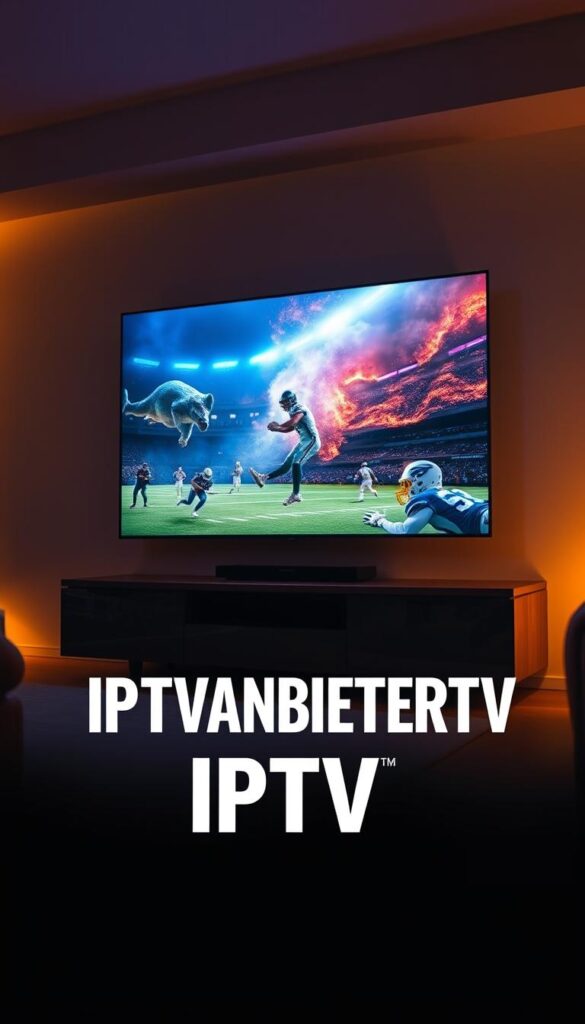 A high-resolution, cinematic image of a large flat-screen television displaying vibrant, crystal-clear video streaming quality. The screen is mounted on a sleek, modern entertainment center made of dark wood and metal. The room is dimly lit, with warm ambient lighting casting a soft glow. The television's screen shows a dynamic sports event or nature documentary, with rich colors, deep blacks, and exceptional detail. In the foreground, the IPTVANBIETERTV logo is prominently displayed, indicating the source of the premium IPTV service. The image conveys a sense of immersion, quality, and the ultimate home entertainment experience.