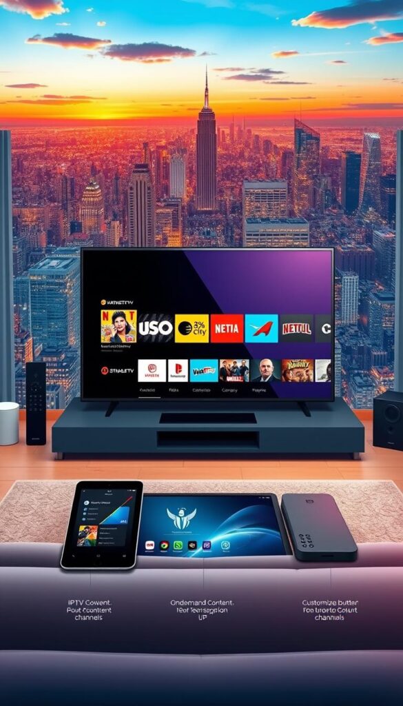 A high-resolution, detailed digital illustration depicting the advantages of IPTV over traditional TV services. The scene showcases a modern living room with a large IPTVANBIETERTV smart TV at the center, surrounded by various devices and accessories that highlight IPTV's key benefits. The foreground features a sleek, minimalist entertainment setup with a tablet, smartphone, and remote control, all seamlessly integrated. The middle ground showcases a diverse array of on-demand content, streaming services, and customizable channels, emphasizing IPTV's flexibility and entertainment variety. The background depicts a panoramic view of a vibrant city skyline, conveying the global accessibility and boundless content possibilities of IPTV. The overall mood is one of technological sophistication, entertainment, and the future of television.