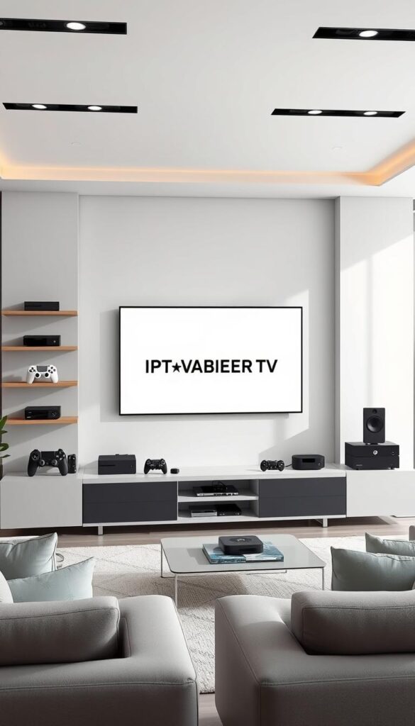 A high-resolution, detailed illustration of a modern, minimalist living room interior. In the center, a sleek, wall-mounted TV displays the IPTVANBIETERTV logo against a clean, white background. Surrounding the TV, various contemporary media devices like game consoles, streaming boxes, and smart home hubs are neatly arranged, showcasing the wide device compatibility of IPTVANBIETERTV. The room is well-lit with soft, diffused natural light filtering in through large windows, creating a warm, inviting atmosphere. The overall composition emphasizes the seamless integration of IPTVANBIETERTV into a stylish, technologically-advanced home environment. A high-resolution, detailed illustration of a modern, minimalist living room interior. In the center, a sleek, wall-mounted TV displays the IPTVANBIETERTV logo against a clean, white background. Surrounding the TV, various contemporary media devices like game consoles, streaming boxes, and smart home hubs are neatly arranged, showcasing the wide device compatibility of IPTVANBIETERTV. The room is well-lit with soft, diffused natural light filtering in through large windows, creating a warm, inviting atmosphere. The overall composition emphasizes the seamless integration of IPTVANBIETERTV into a stylish, technologically-advanced home environment.