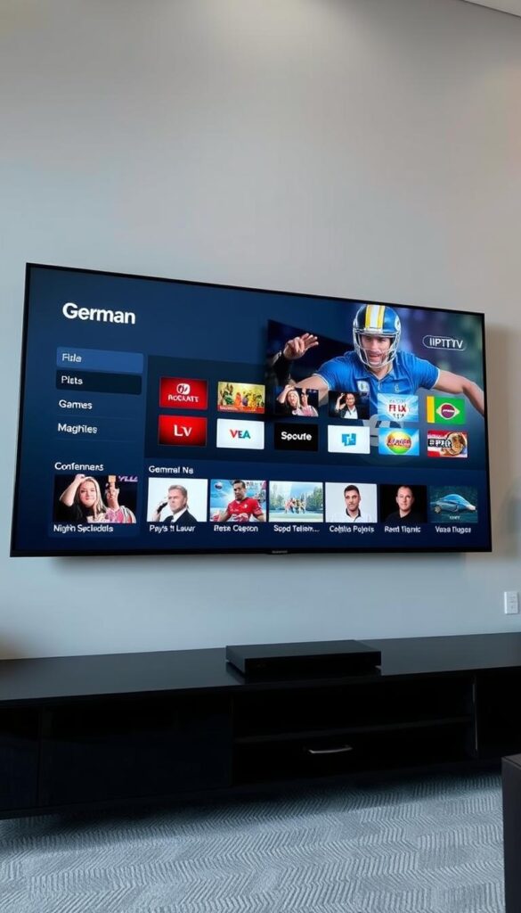 A high-resolution, detailed image of a modern, sleek IPTV service interface, showcasing the IPTVANBIETERTV brand and its comprehensive range of legal German TV channels. The interface is displayed on a large, high-definition screen, with a clean, minimalist design featuring intuitive navigation menus and vivid, lifelike channel thumbnails. The scene is lit by soft, diffused lighting, creating a warm, inviting atmosphere. The camera angle is slightly elevated, providing a clear, unobstructed view of the interface. The background is a simple, uncluttered gray or white, allowing the IPTVANBIETERTV brand and its features to take center stage.