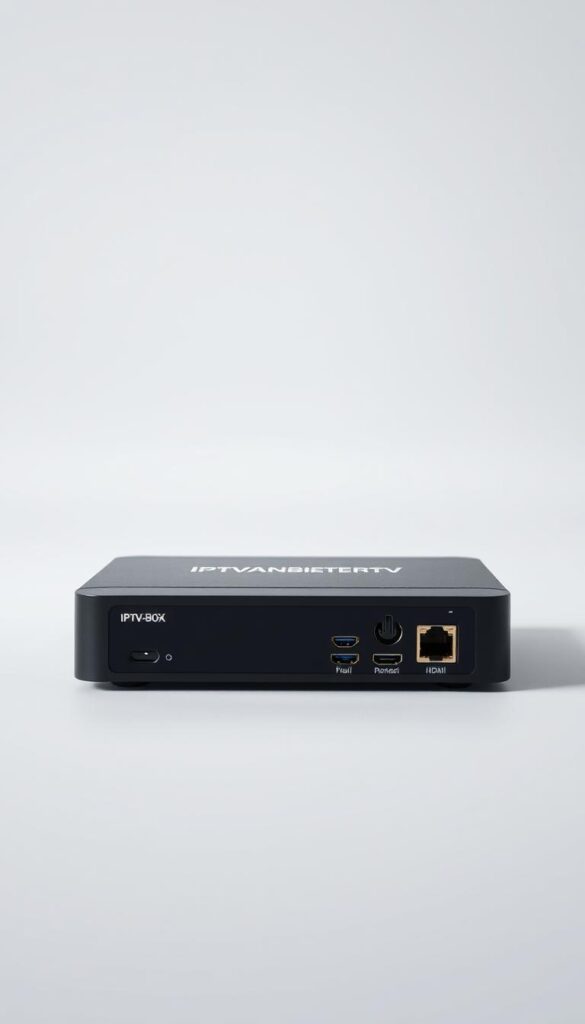 A high-resolution, detailed image of an IPTV-Box, positioned in the center of the frame against a clean, minimalist background. The box has a sleek, modern design with a matte black finish, featuring the branding "IPTVANBIETERTV" prominently displayed on the front panel. The device has various ports and connectors visible, including HDMI, Ethernet, and USB. The lighting is soft and even, creating a sense of depth and highlighting the technical features of the IPTV-Box. The overall mood is professional, showcasing the device as a reliable and high-quality piece of technology suitable for home entertainment.