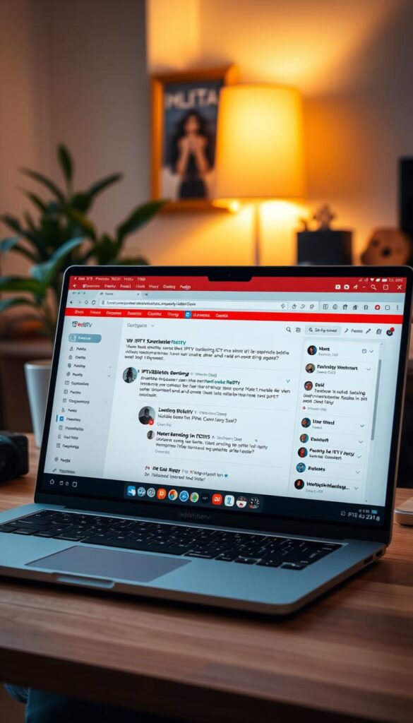 A high-resolution, detailed image of an IPTV service comparison on a Reddit forum. The foreground shows a vibrant Reddit-style interface with various posts and comments discussing IPTV providers in Germany, including IPTVANBIETERTV. The middle ground features a sleek, modern laptop or desktop computer displaying the forum, with clean lines and a minimalist design. The background depicts a warm, cozy home office setting, with a wooden desk, a potted plant, and soft, ambient lighting. The overall scene conveys a sense of informative discussion and research around the best IPTV options in the German market.