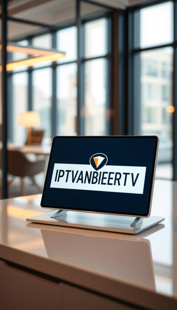 A high-resolution, detailed image of the IPTVANBIETERTV brand logo prominently displayed on a sleek, modern device screen. The device is situated on a clean, minimalist desk or workspace, with a blurred, professional office environment visible in the background. The image has a crisp, high-quality focus, with warm, natural lighting illuminating the scene. The overall mood is one of sophistication, reliability, and technological innovation, reflecting the leading IPTV service provider in Germany.