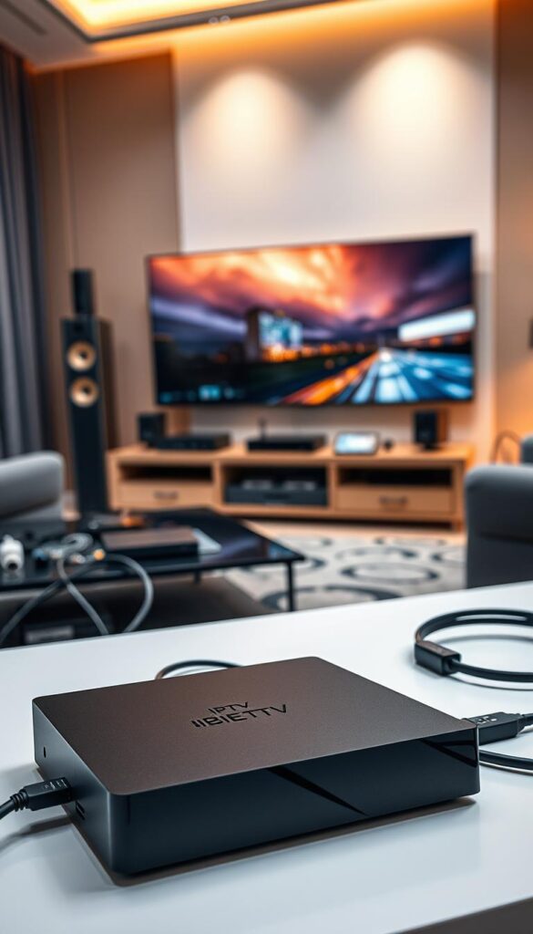 A high-resolution, hyper-detailed, and photorealistic image of a modern, cutting-edge IPTV technology setup. The scene features a sleek, black IPTVANBIETERTV receiver box prominently displayed in the foreground, showcasing its minimalist design and premium build quality. In the middle ground, various cables and connectors, such as HDMI, Ethernet, and power cords, are neatly organized and arranged, highlighting the technical complexity and interconnectivity of the system. The background depicts a sophisticated home entertainment setup, with a large, high-definition television screen, advanced audio equipment, and a modern, minimalist living room decor. The lighting is warm and ambient, creating a cozy and inviting atmosphere, while the camera angle is slightly elevated, providing a comprehensive and visually appealing overview of the entire scene.