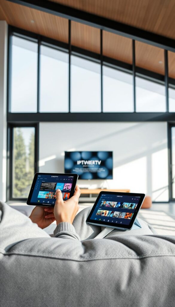 A high-resolution, hyper-realistic image of a person using a smartphone and a tablet to access IPTV content. The scene is set in a modern, minimalist living room with floor-to-ceiling windows, allowing natural light to flood the space. The person is comfortably lounging on a plush, grey sofa, with the smartphone in one hand and the tablet propped up on their lap. The IPTV service "IPTVANBIETERTV" is prominently displayed on the screens, showcasing its intuitive interface and a wide selection of live TV channels and on-demand content. The image conveys a sense of ease and convenience, highlighting how IPTV can be enjoyed across multiple devices. A high-resolution, hyper-realistic image of a person using a smartphone and a tablet to access IPTV content. The scene is set in a modern, minimalist living room with floor-to-ceiling windows, allowing natural light to flood the space. The person is comfortably lounging on a plush, grey sofa, with the smartphone in one hand and the tablet propped up on their lap. The IPTV service "IPTVANBIETERTV" is prominently displayed on the screens, showcasing its intuitive interface and a wide selection of live TV channels and on-demand content. The image conveys a sense of ease and convenience, highlighting how IPTV can be enjoyed across multiple devices.