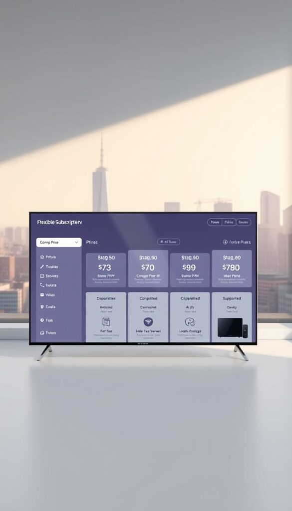 A high-resolution, hyper-realistic image of the IPTVANBIETERTV pricing structure, showcasing a sleek, modern dashboard displaying flexible subscription plans and package options. The foreground features a clean, minimalist interface with clear pricing tiers and customizable service offerings. The middle ground highlights various compatible devices and supported features, while the background depicts a serene, high-tech cityscape, conveying a sense of reliability and innovation. The image is lit by soft, directional lighting, capturing the sophistication and transparency of the IPTVANBIETERTV brand.