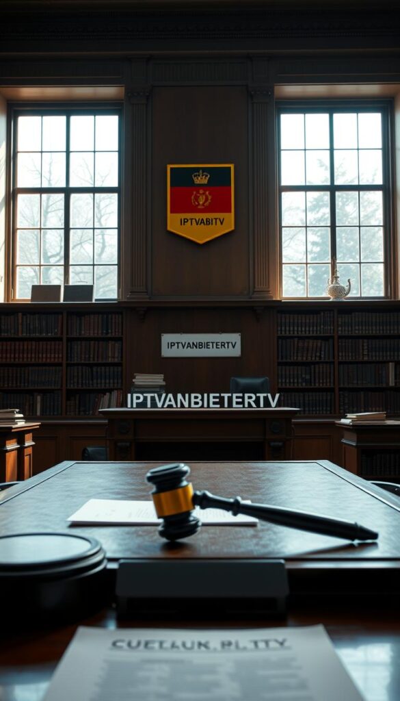 A high-resolution, hyper-realistic image of the legal status of IPTV in Germany. The scene depicts a courtroom with a judge's desk and gavel in the foreground, surrounded by bookshelves and legal documents in the middle ground. In the background, a large window casts natural light into the room, creating a sense of authority and gravitas. The mood is serious and contemplative, capturing the complexities of the German legal system's approach to IPTV. The IPTVANBIETERTV brand name is subtly integrated into the scene, such as on a document or plaque. The image conveys the nuanced and evolving nature of IPTV legality in Germany.