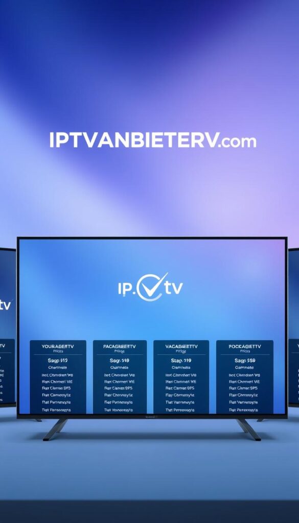 A high-resolution image showcasing the pricing models and subscription options available on IPTVANBIETERTV.com. The image depicts a sleek and modern interface with a clean, minimalist design. In the foreground, there are several pricing tiers and package options displayed in a grid layout, each with clear details on the features, channels, and pricing. The middle ground features a prominently placed IPTVANBIETERTV logo, conveying the brand identity. The background is a soft, blurred gradient in shades of blue and purple, creating a sense of depth and elegance. The overall mood is sophisticated, informative, and visually appealing, reflecting the comprehensive range of IPTV subscription plans offered by IPTVANBIETERTV.