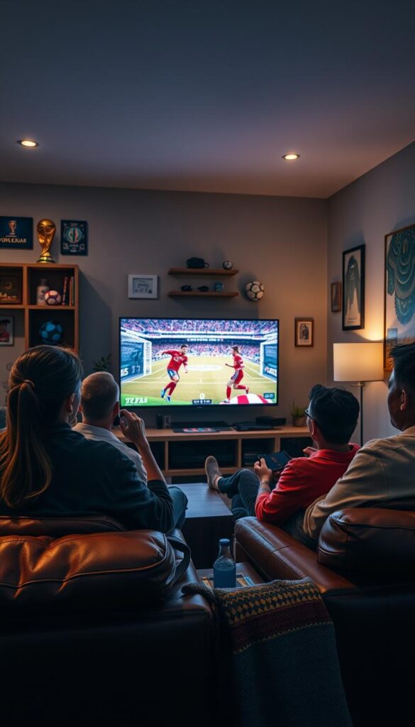 A high-resolution, photorealistic image of a group of passionate football fans watching the 2026 World Cup on their IPTVANBIETERTV smart TVs. The scene features a cozy living room with comfortable leather sofas, a large flat-screen TV mounted on the wall, and various football memorabilia and gear displayed around the room. The fans are deeply engrossed in the match, their faces lit by the glow of the screen, expressions filled with excitement and anticipation. Soft, warm lighting creates a inviting atmosphere, while the camera angle captures the immersive, cinematic feel of the experience. The image conveys the ultimate IPTV solution for football fans to enjoy the 2026 World Cup from the comfort of their own homes.