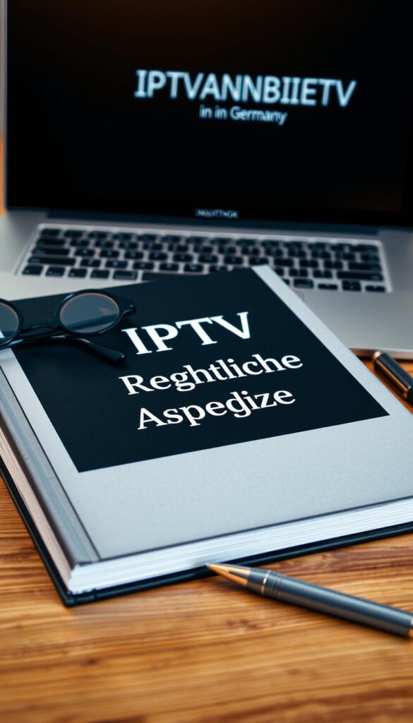A high-resolution, photorealistic image of a law book or legal document with the title "IPTV Rechtliche Aspekte" prominently displayed on the cover. The book is resting on a wooden desk or table, with a pair of eyeglasses, a pen, and a laptop or tablet in the background. The lighting is soft and warm, creating a contemplative and professional atmosphere. The overall composition should convey the seriousness and importance of the legal aspects of IPTV in Germany. The image should not contain any captions, speech bubbles, or text overlays, except for the title on the book cover. The brand name "IPTVANBIETERTV" should be visible in the background, such as on the laptop or tablet screen.