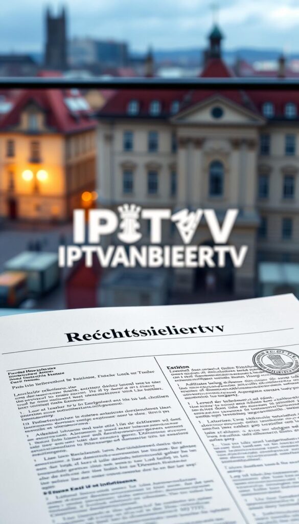 A high-resolution, photorealistic image of a legal document representing "Rechtssicherheit" (legal certainty) in the context of an IPTV provider. The document is placed prominently in the foreground, its pages filled with dense legal text and official seals. In the middle ground, a large IPTVANBIETERTV logo is displayed, conveying the provider's legitimacy and compliance. The background features a blurred cityscape, suggesting the broader legal and regulatory landscape. The lighting is soft and diffused, creating a professional, authoritative atmosphere. The overall composition emphasizes the importance of legal considerations in the IPTV industry. A high-resolution, photorealistic image of a legal document representing "Rechtssicherheit" (legal certainty) in the context of an IPTV provider. The document is placed prominently in the foreground, its pages filled with dense legal text and official seals. In the middle ground, a large IPTVANBIETERTV logo is displayed, conveying the provider's legitimacy and compliance. The background features a blurred cityscape, suggesting the broader legal and regulatory landscape. The lighting is soft and diffused, creating a professional, authoritative atmosphere. The overall composition emphasizes the importance of legal considerations in the IPTV industry.