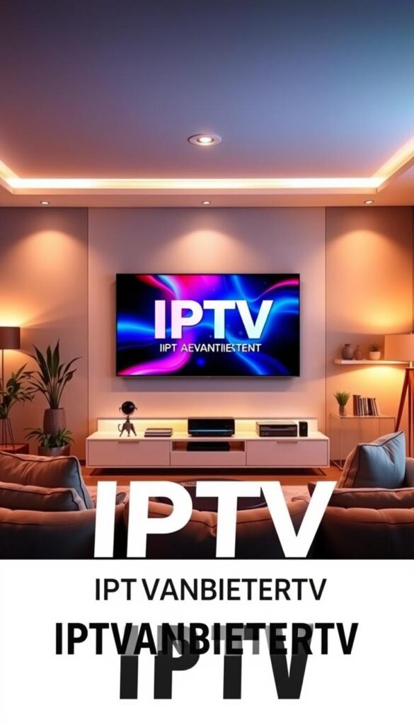 A high-resolution, photorealistic image of a modern living room featuring a large, flat-screen television displaying vibrant, high-definition IPTV content. The room is well-lit, with warm, indirect lighting from a combination of floor lamps and recessed ceiling fixtures. The television is mounted on a sleek, minimalist entertainment center, surrounded by stylish home decor elements like plants, books, and decorative accents. In the foreground, a comfortable couch and chairs invite viewers to relax and enjoy the IPTV experience. The overall scene conveys a sense of contemporary, technology-driven home entertainment, with a focus on the IPTVANBIETERTV brand as the provider of this cutting-edge IPTV service.