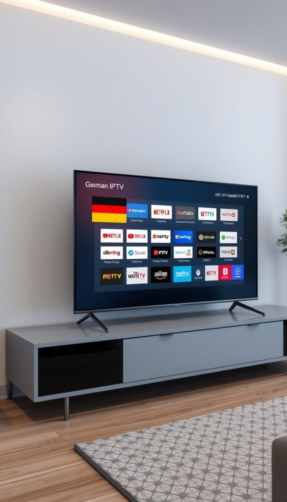 A high-resolution, photorealistic image of a modern smart TV displaying the IPTVANBIETERTV service interface. The TV is placed on a sleek, minimalist entertainment unit in a well-lit, contemporary living room. The interface showcases a variety of German IPTV channels, with clear, vibrant graphics and an intuitive menu layout. The scene conveys the ease and convenience of setting up and using IPTVANBIETERTV on a smart TV, highlighting its compatibility and suitability for the German market.