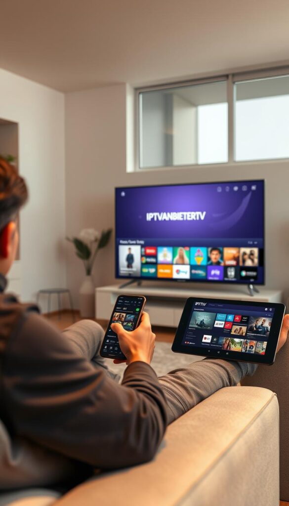 A high-resolution, photorealistic image of a person enjoying an IPTV subscription on multiple devices in a comfortable living room setting. The foreground features a person relaxing on a couch, using a smartphone and a tablet to access various streaming content. The middle ground showcases a smart TV displaying the IPTVANBIETERTV logo, along with a range of channels and programs. The background depicts a well-lit, modern home interior with large windows and minimalist decor, creating a sense of coziness and relaxation. The lighting is soft and natural, with warm tones that enhance the inviting atmosphere. The overall scene conveys the versatility and convenience of the IPTV subscription, allowing the viewer to enjoy their favorite content across multiple devices in the comfort of their own home.