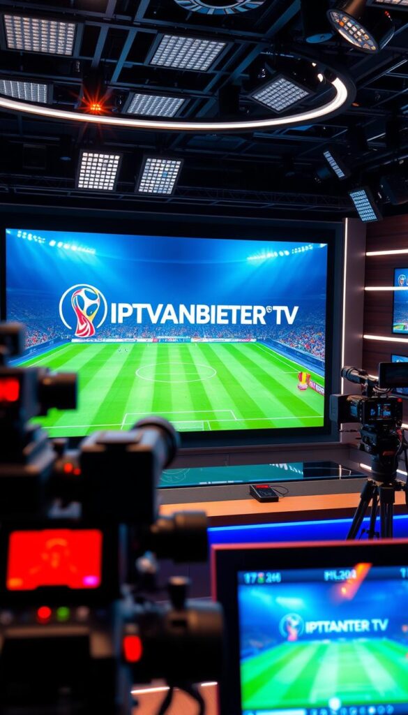 A high-resolution, photorealistic image of a sports broadcast studio featuring the "IPTVANBIETERTV" logo prominently displayed on a large screen or monitor. The studio is well-lit, with a modern and professional atmosphere. In the foreground, there are various broadcast equipment and cameras, giving the impression of a live sports production. In the background, there is a view of a soccer field or stadium, hinting at the upcoming FIFA 2026 event. The overall composition conveys the idea of a live IPTV sports broadcast for the FIFA 2026 tournament.