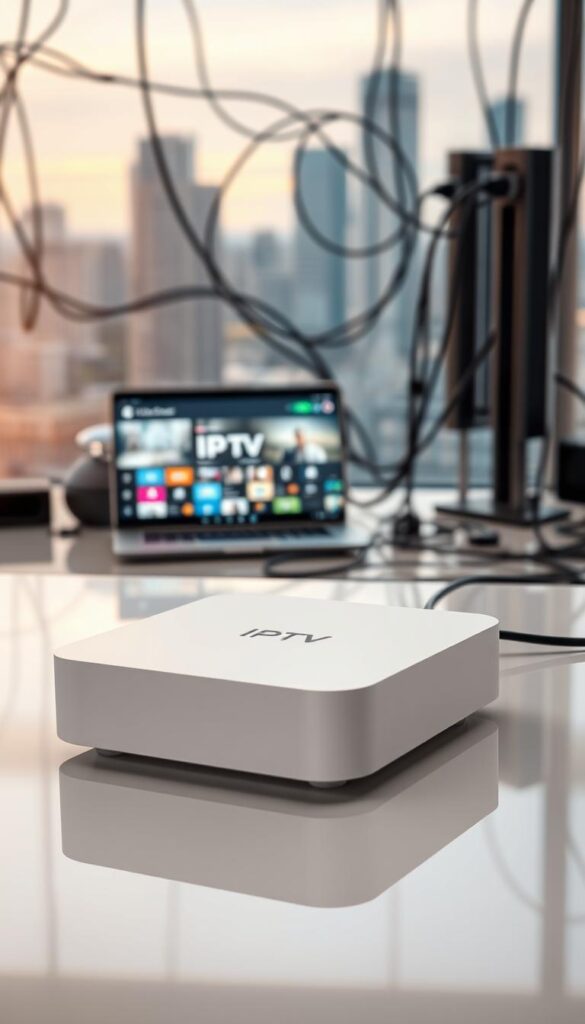 A high-resolution, photorealistic image of the IPTV Technologie concept. In the foreground, a sleek, modern IPTVANBIETERTV set-top box is prominently displayed, showcasing its clean, minimalist design. The box is sitting on a glossy, reflective surface, creating a sense of depth and perspective. In the middle ground, a network of cables and wires symbolize the interconnectivity of the IPTV system, with a laptop or tablet displaying IPTV content. The background features a blurred, out-of-focus cityscape, hinting at the widespread availability and accessibility of IPTV technology. The lighting is soft and diffused, creating a warm, inviting atmosphere. The overall composition is balanced and visually appealing, conveying the versatility and ease of use of IPTV technology.