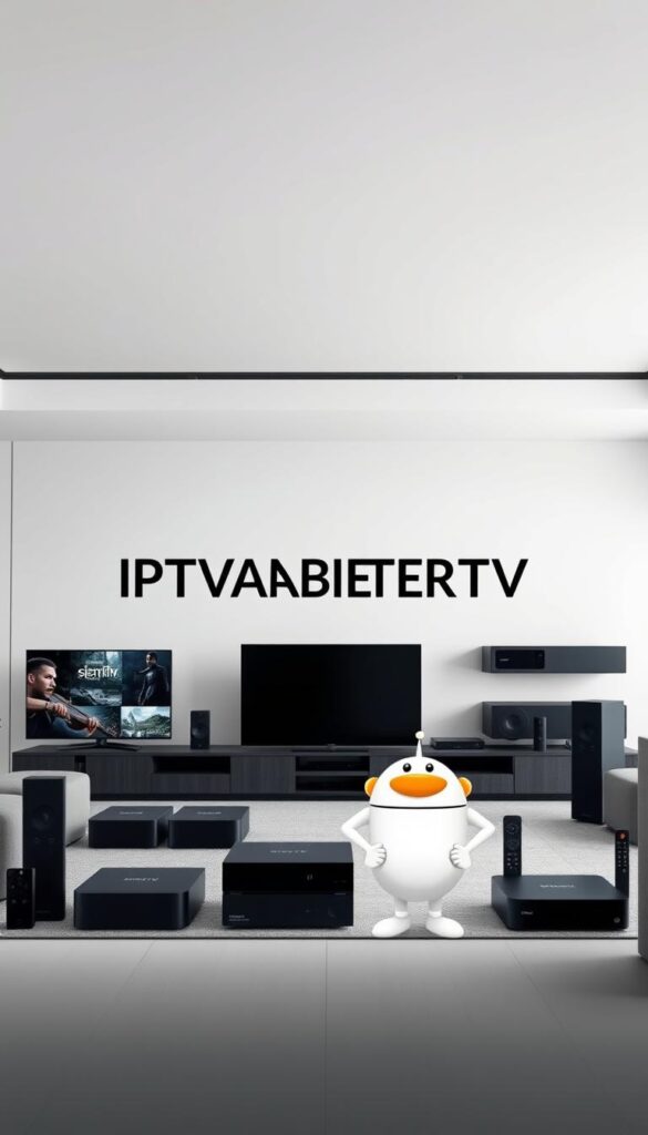 A high-resolution, photorealistic image of the IPTVANBIETERTV brand logo and mascot against a backdrop of modern smart home devices and streaming media technology. The logo is prominently displayed in the center foreground, with the mascot - a friendly, approachable character representing the brand - standing confidently beside it. The middle ground features a variety of devices like smart TVs, streaming boxes, and mobile devices, all of which convey the brand's focus on IPTV and home entertainment solutions. The background is a sleek, minimalist interior with clean lines and muted colors, creating a sense of sophistication and technological innovation. Soft, even lighting illuminates the scene, giving it a polished, professional feel. The overall composition and styling should appeal to a German audience interested in premium IPTV services.