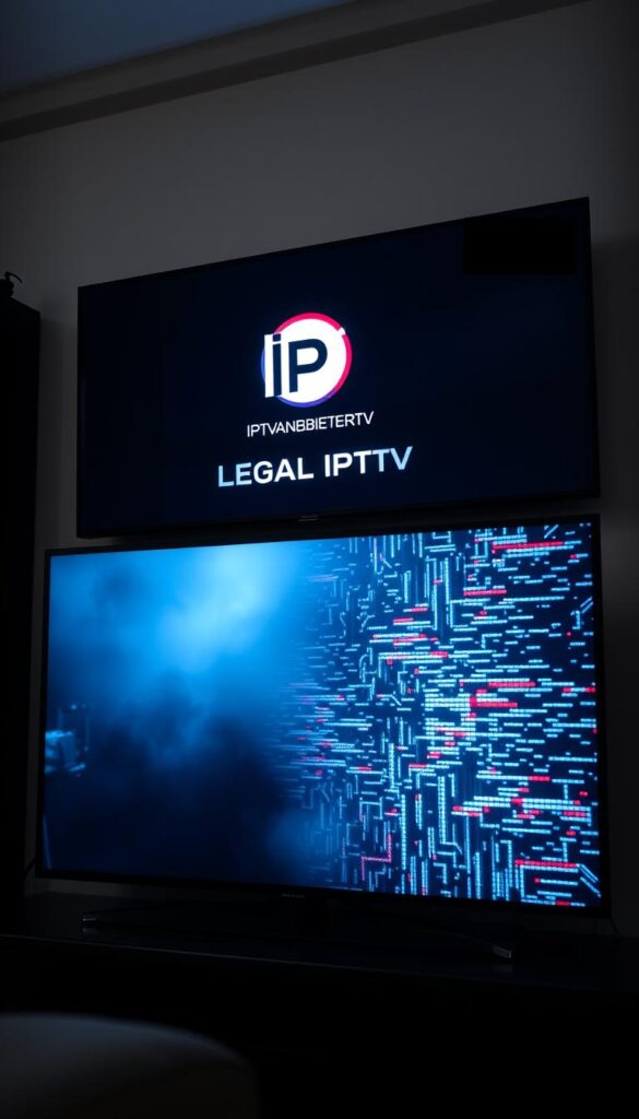 A high-resolution, photorealistic image of two different television screens depicting the legality of IPTV services. The left screen shows a legal IPTV platform with the brand name "IPTVANBIETERTV" displayed prominently, conveying a sense of legitimacy and professionalism. The right screen depicts an illegal IPTV service, shrouded in a dark, ominous atmosphere with glitchy, distorted visuals. The contrast between the two screens highlights the critical difference between legal and illegal IPTV providers. The lighting is natural and balanced, with a depth of field that keeps both screens in focus. The overall scene is shot from a slightly elevated angle, creating a sense of perspective and emphasizing the duality of the subject matter.