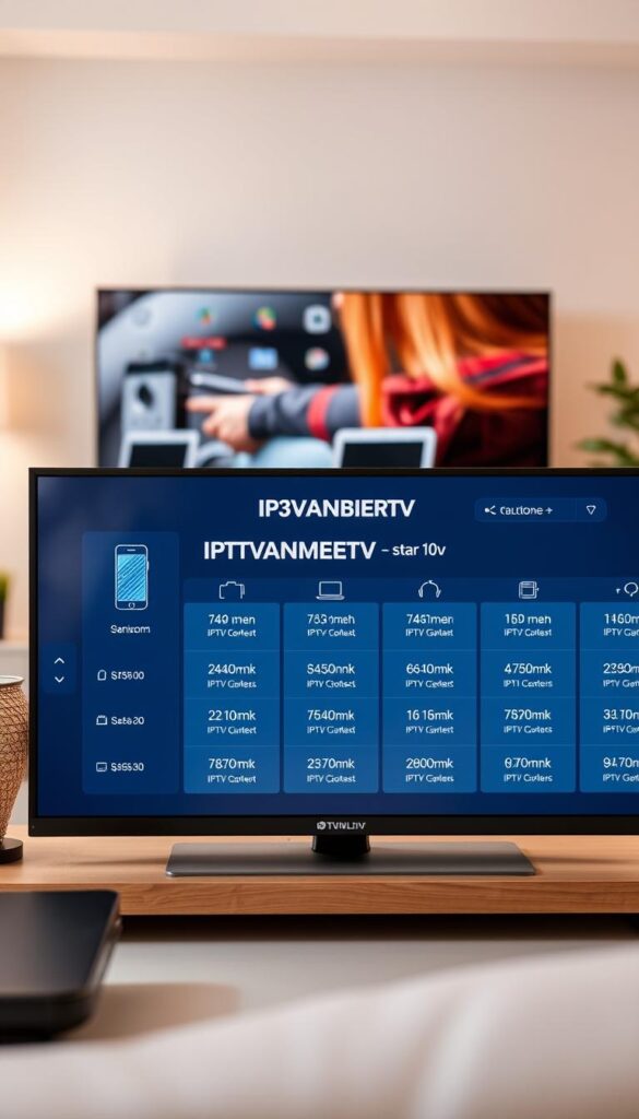 A high-resolution, realistic image of a digital device display showcasing the "IPTV m3u lebenslang" branding and pricing options. The foreground features a clean, modern user interface with a prominent "IPTVANBIETERTV" logo, intuitive controls, and a range of subscription plans and pricing details. The middle ground displays various connected devices like smartphones, tablets, and smart TVs, emphasizing the versatility of the IPTV service. The background subtly hints at a cozy, home entertainment setting with soft lighting and neutral tones, conveying a sense of comfort and relaxation. The overall composition is balanced, visually appealing, and effectively communicates the "Unsere attraktiven Preisoptionen für IPTV m3u lebenslang" message.