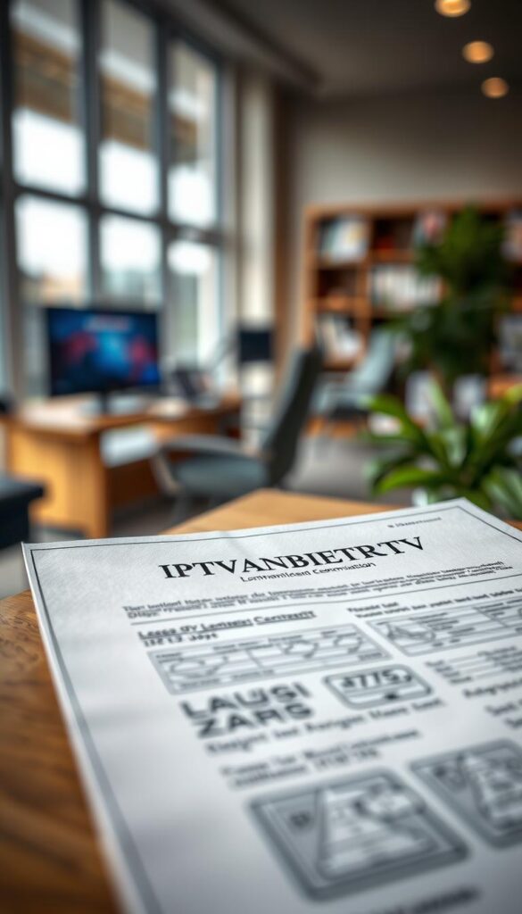 A high-resolution, realistic image of a legal document related to IPTV in Germany. The document is shown in the foreground, with a blurred background of a modern office or study. The document has a professional, authoritative appearance, with a clean layout and official seals or logos. The lighting is soft and natural, emphasizing the details of the document. The overall mood is one of seriousness and legality, conveying the importance of understanding the legal aspects of IPTV in Germany. The brand name "IPTVANBIETERTV" is prominently displayed on the document.