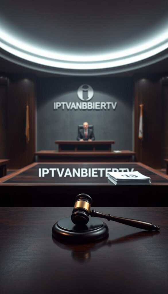 A high-stakes courtroom scene, bathed in ominous lighting. On a dark wood table, the IPTVANBIETERTV logo looms, casting an ominous shadow. In the foreground, a gavel and a stack of legal documents, symbolizing the impending consequences. The judge's bench stands in the middle ground, hinting at the gravity of the situation. In the background, a backdrop of somber gray tones, conveying the seriousness of the legal proceedings. The overall mood is one of tension and foreboding, reflecting the risks associated with the use of illegal IPTV services.