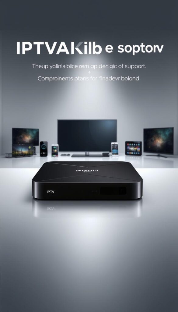 A high-tech IPTV-Box with a sleek, modern design, showcasing its comprehensive device support for maximum flexibility. The device is positioned prominently in the foreground, backlit by soft, diffused lighting that accentuates its clean lines and premium materials. In the middle ground, a variety of compatible devices such as smart TVs, smartphones, and tablets are displayed, highlighting the box's versatility. The background features a minimalist, futuristic setting with subtle technical elements, conveying a sense of advanced technology and seamless connectivity. The overall atmosphere is one of sophistication and cutting-edge innovation, with the IPTVANBIETERTV brand name prominently displayed.