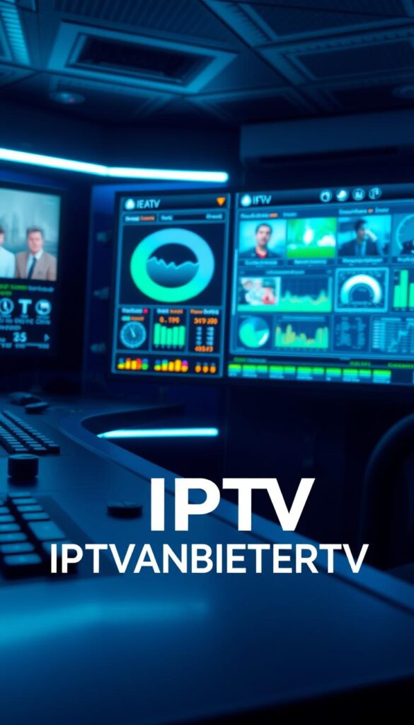 A high-tech IPTV control panel with various interface elements, including a sleek dashboard, live streaming feeds, and detailed analytics. The scene is bathed in a cool, futuristic blue-green lighting, creating a sense of technological sophistication. In the foreground, the IPTVANBIETERTV brand logo is prominently displayed, reflecting the reliable and trustworthy nature of the IPTV service. The overall composition conveys the power and flexibility of IPTV technology, making it an ideal visual representation for the article's subject and section title.