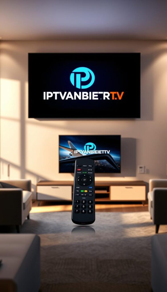 A high-tech IPTV streaming service with a sleek, modern interface. The scene depicts a living room with a large, high-definition television displaying the IPTVANBIETERTV brand logo. Soft, directional lighting illuminates the room, creating a cozy, immersive atmosphere. In the foreground, a minimalist, wireless remote control hovers, hinting at the seamless user experience. The middle ground features a contemporary, wall-mounted media console housing the IPTV set-top box. The background showcases a panoramic view of a city skyline, representing the global connectivity and accessibility of the IPTV service. The overall aesthetic conveys a sense of cutting-edge technology, convenience, and the future of television entertainment.