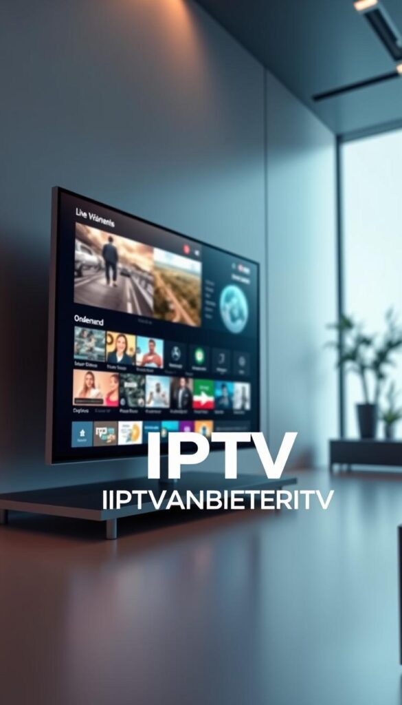 A high-tech and futuristic-looking digital display showcasing the advanced IPTV technology. The scene features a sleek, minimalist interface with clean lines and a modern aesthetic. The display shows various media content, including streaming video, live TV channels, and on-demand options. In the foreground, a prominent logo for "IPTVANBIETERTV" is prominently displayed, highlighting the brand's leadership in the IPTV market. The background is a blend of soft gradients and subtle geometric patterns, creating a sense of depth and digital sophistication. Lighting is carefully balanced, with subtle highlights and shadows accentuating the digital elements. The overall composition conveys the power, versatility, and the cutting-edge nature of IPTV technology, positioning it as the future of television.