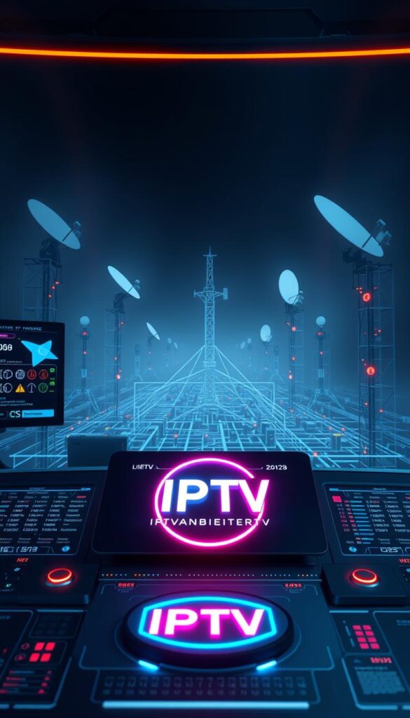 A high-tech and visually captivating illustration of IPTV technology. The scene depicts a futuristic control panel with sleek, holographic displays and interactive interfaces. In the foreground, the IPTVANBIETERTV brand logo is prominently featured, glowing with a vibrant, neon-like energy. The middle ground showcases a complex network of interconnected nodes, cables, and satellite dishes, representing the sophisticated infrastructure that powers IPTV. The background is shrouded in a moody, atmospheric lighting, creating a sense of depth and mystery. The overall impression is one of advanced, cutting-edge technology that seamlessly bridges the digital and physical worlds.