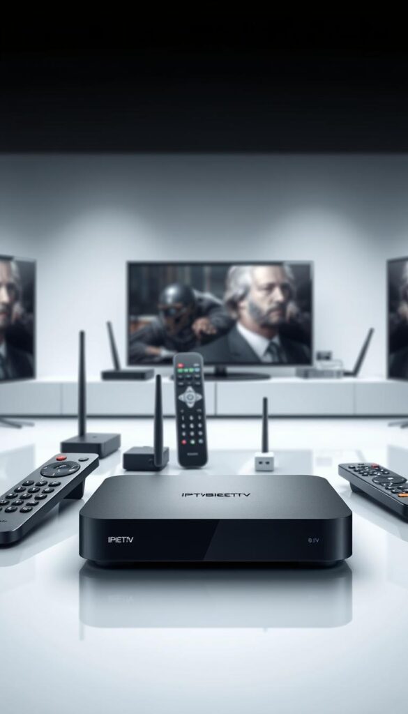 A high-tech arrangement of sleek, modern IPTV devices, meticulously crafted to seamlessly integrate multiple screens. The foreground showcases the IPTVANBIETERTV brand's flagship media player, its minimalist design and intuitive interface highlighting the effortless control of content across various connected devices. In the middle ground, complementary peripherals such as remote controls and wireless network adaptors emphasize the system's versatility. The background features a clean, minimalist setting, with subtle lighting and reflections, conveying a sense of sophistication and technological prowess. The overall composition exudes a polished, premium aesthetic, perfectly encapsulating the advantages of using multiple IPTV devices simultaneously. A high-tech arrangement of sleek, modern IPTV devices, meticulously crafted to seamlessly integrate multiple screens. The foreground showcases the IPTVANBIETERTV brand's flagship media player, its minimalist design and intuitive interface highlighting the effortless control of content across various connected devices. In the middle ground, complementary peripherals such as remote controls and wireless network adaptors emphasize the system's versatility. The background features a clean, minimalist setting, with subtle lighting and reflections, conveying a sense of sophistication and technological prowess. The overall composition exudes a polished, premium aesthetic, perfectly encapsulating the advantages of using multiple IPTV devices simultaneously.