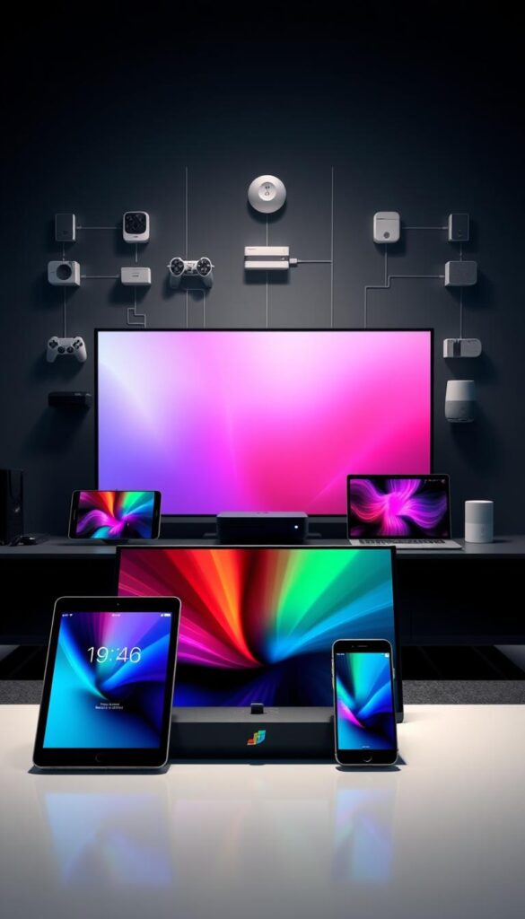 A high-tech control panel showcasing the IPTVANBIETERTV supported devices and platforms. In the foreground, a sleek smart TV, tablet, and smartphone are prominently displayed, their screens illuminated with vibrant user interfaces. The middle ground features a modern gaming console, a streaming media box, and a laptop, all connected and synced. In the background, an array of IoT devices such as a security camera, a smart home hub, and a voice assistant create a seamless, interconnected ecosystem. Soft, indirect lighting highlights the advanced technology, while a minimalist, high-contrast color scheme conveys a sense of sophistication and reliability. The overall composition exudes a sense of seamless integration and the cutting-edge capabilities of the IPTVANBIETERTV platform.