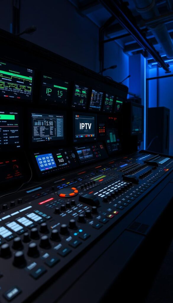 A high-tech control panel with an array of sleek buttons, knobs, and screens displaying real-time IPTV streaming data. The foreground features the IPTVANBIETERTV logo, glowing softly against a backdrop of intricate circuitry and diagnostic readouts. Dramatic lighting casts shadows that add depth and emphasize the advanced, futuristic nature of the setup. The middle ground showcases various cable connections, signal strength indicators, and network status monitors, while the background reveals a minimalist, industrial environment with a hint of blue-tinged lighting to convey a sense of professionalism and technical prowess.