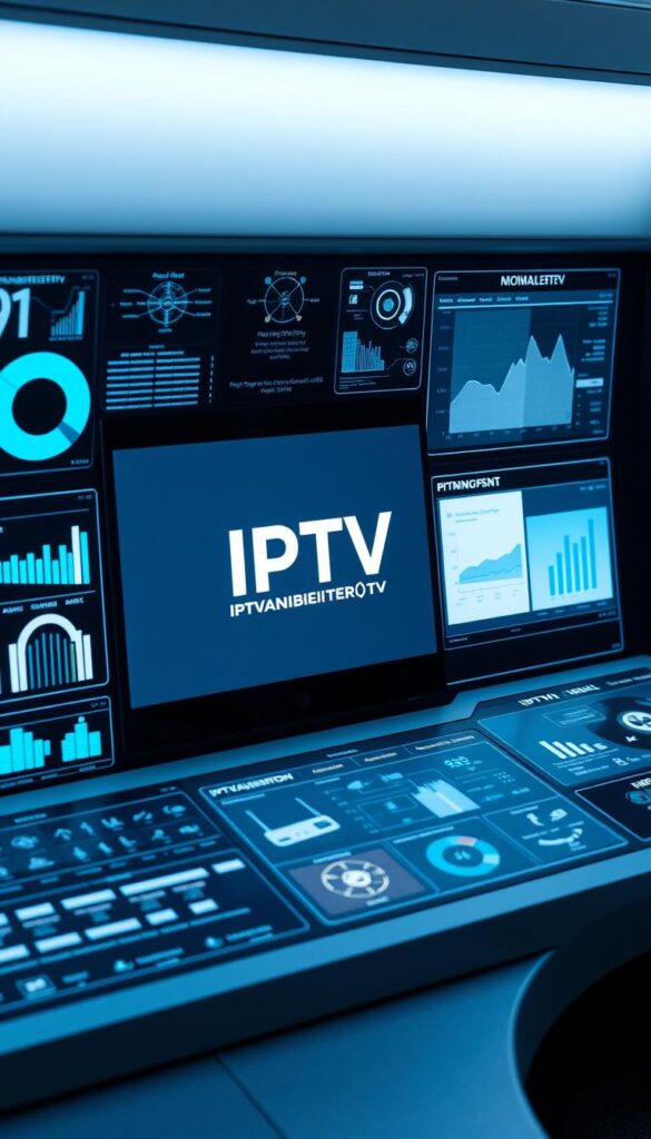A high-tech control panel with sleek, modern interfaces displaying real-time data and visualizations related to IPTV technology. The panel features a central display showcasing the IPTVANBIETERTV brand logo in a bold, minimalist design. Surrounding the logo are interactive graphs, charts, and diagrams that illustrate the inner workings and key features of IPTV, such as signal transmission, content delivery, and device compatibility. The panel is illuminated by a soft, even lighting that creates a sense of technological sophistication. The overall scene conveys the complexity and capabilities of IPTV in a visually compelling and informative manner.