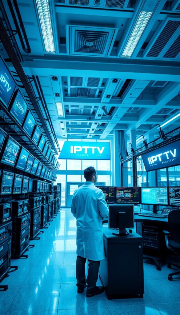 A high-tech control room filled with monitors, servers, and IPTVANBIETERTV branding. The scene is bathed in a cool, bluish light, creating a sleek, futuristic atmosphere. In the foreground, a technician in a crisp white lab coat stands at a central console, intently focused on the screens displaying various network data. The middle ground features a bank of racks housing state-of-the-art networking equipment, blinking lights and displays providing a sense of the system's complexity. The background reveals a vast, expansive space with high ceilings and large windows, suggesting a modern, industrial setting. The overall image conveys the cutting-edge technology and precision behind the delivery of IPTV services.