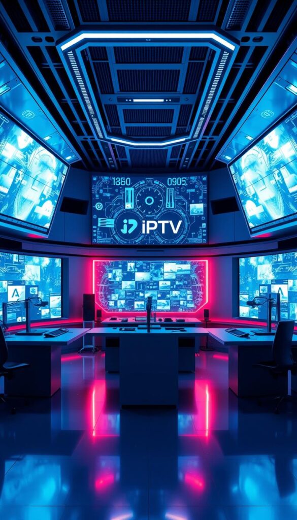 A high-tech control room with holographic displays and futuristic interfaces, showcasing the advanced IPTV-Technologie. In the center, a sleek, minimalist workstation with multiple screens displaying real-time data and video feeds. The room is bathed in a cool, blue-tinted lighting, creating a professional, cutting-edge atmosphere. The walls are adorned with digital panels displaying the IPTVANBIETERTV brand prominently. Crisp, detailed rendering of the latest IPTV technology, capturing the essence of the "Was ist IPTV und wie funktioniert es?" section.