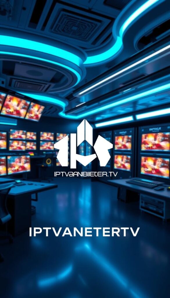 A high-tech control room with sleek, modern monitors displaying vibrant video feeds. Rows of advanced servers and networking equipment in the background, bathed in a cool, blue ambient lighting. In the foreground, the bold, futuristic logo of "IPTVANBIETERTV" takes center stage, conveying a sense of technical superiority and innovation. The overall scene exudes a atmosphere of cutting-edge technology, efficiency, and visual fidelity, reflecting the technical prowess of the IPTV service provider.
