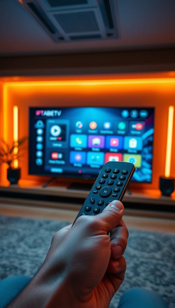 A high-tech digital dashboard displays an IPTVANBIETERTV streaming interface, showcasing a sleek and intuitive user experience. The interface features a clean, minimalist design with crisp icons and a vibrant color palette, conveying a sense of modern, cutting-edge technology. The dashboard is bathed in a warm, ambient lighting, creating a cozy and inviting atmosphere. In the foreground, a hand holds a sleek, futuristic remote control, highlighting the device's seamless compatibility and ease of use. The background features a subtle, out-of-focus cityscape, hinting at the global reach and connectivity of the IPTVANBIETERTV streaming service. The overall impression is one of a sophisticated, reliable, and user-friendly IPTV solution.