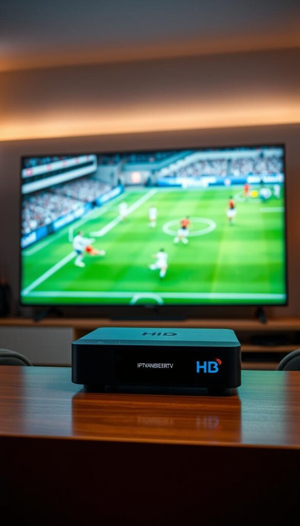 A high-tech digital home theater setup with a sleek, modern IPTVANBIETERTV streaming device as the centerpiece. The device is displayed prominently, its minimalist design and bold branding catching the eye. In the background, a large, high-definition screen displays a live football match, the colors and details sharply rendered. Soft, diffused lighting creates a cozy, immersive ambiance, perfect for an engrossing World Cup viewing experience. The scene exudes a sense of technological sophistication and uncompromising quality, befitting the premium IPTV streaming platform for devoted German football fans.