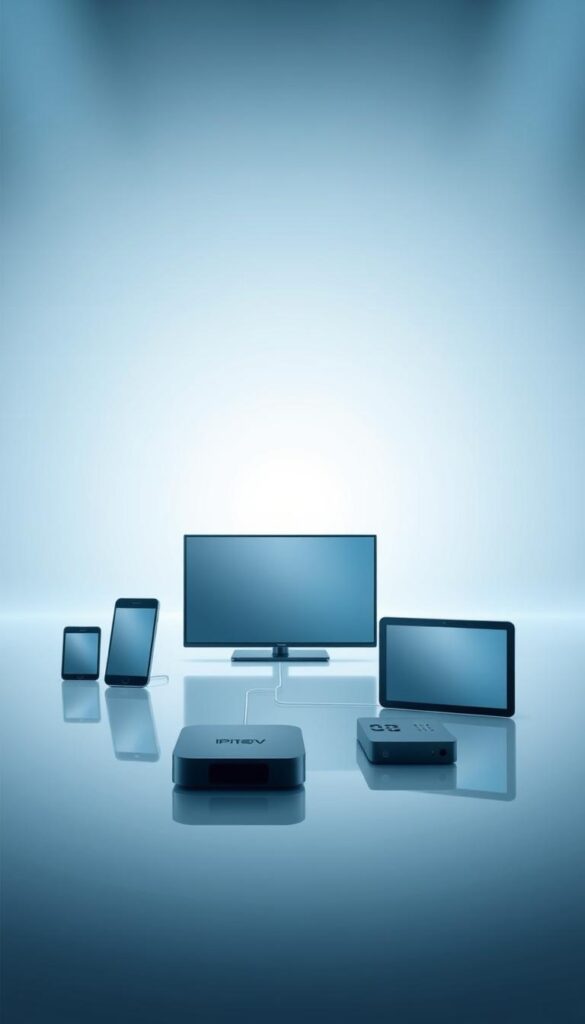 A high-tech digital interface showcasing the versatile device compatibility of IPTVANBIETERTV. A sleek, minimalist display showcases a range of modern devices - smartphones, tablets, smart TVs, streaming boxes - seamlessly connecting to the IPTVANBIETERTV service. Soft lighting accentuates the clean, futuristic aesthetic, while a subtle grid pattern in the background suggests the advanced technology powering the platform. The composition emphasizes the ease and flexibility of accessing IPTVANBIETERTV content across all your favorite devices.