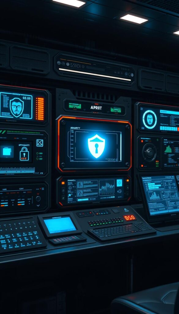 A high-tech digital security system with sleek modern interfaces, multiple biometric authentication options, and advanced encryption protocols, designed to safeguard user privacy and data integrity for IPTVANBIETERTV's IPTV service. The scene depicts a control panel with various indicators, toggles, and screens displaying real-time security metrics in a dimly lit, futuristic environment. Subtle holographic elements and subtle ambient lighting create an atmosphere of sophisticated technological vigilance, emphasizing the importance of secure IPTV usage.