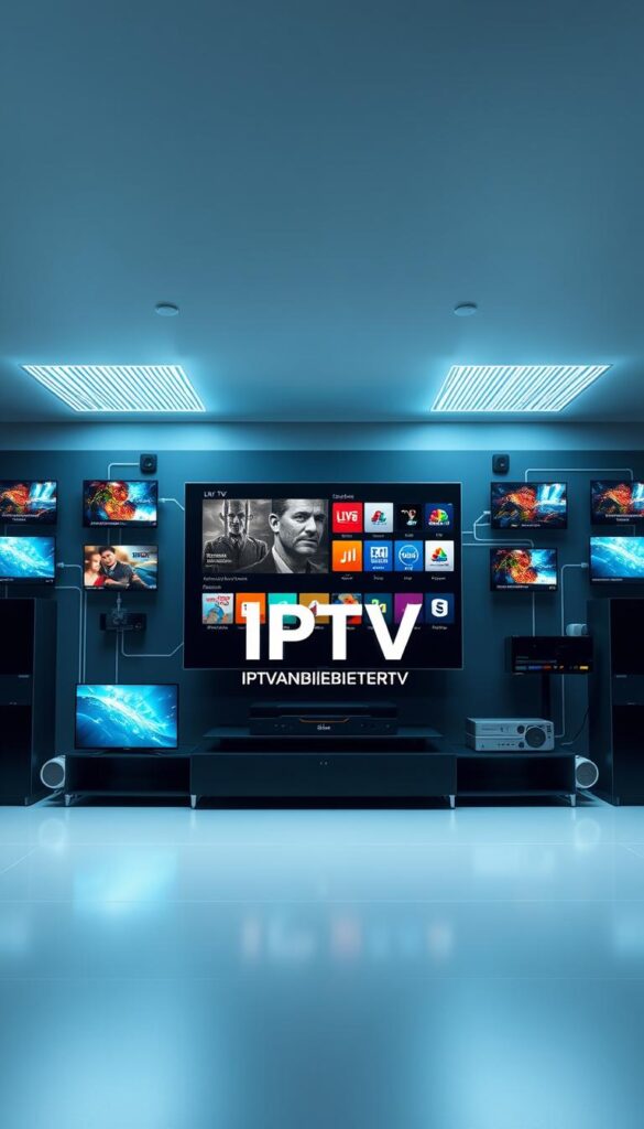 A high-tech digital video distribution system, IPTV Funktionsweise depicts a sleek, minimalist interface showcasing the seamless integration of television and internet technologies. Rendered in a cool, futuristic color palette, the scene features a central display showcasing live TV channels, streaming content, and on-demand media, surrounded by an array of connected devices and user interface elements. The overall composition conveys the effortless convergence of traditional broadcast and modern streaming, with the IPTVANBIETERTV brand prominently displayed in a clean, modern typeface. Crisp lighting and a sense of depth create a visually engaging and informative illustration of the IPTV system's capabilities.