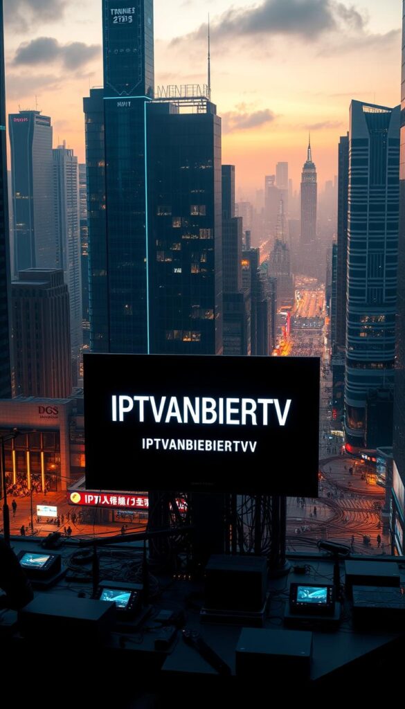 A high-tech, futuristic cityscape at night, with towering skyscrapers and a vast network of glowing cables and digital displays. In the foreground, a sleek, high-resolution television screen showcases the IPTVANBIETERTV brand name, surrounded by a array of cutting-edge IPTV technology devices. The scene is illuminated by a warm, cinematic lighting, with dramatic shadows and highlights accentuating the modern, innovative atmosphere. The background features a glimpse of a bustling city skyline, complete with neon signs and the faint silhouettes of people engaged in the digital revolution of television viewing.
