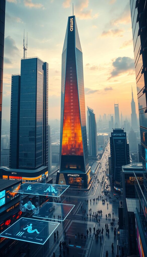 A high-tech, futuristic cityscape with a towering IPTVANBIETERTV skyscraper as the focal point. The building's sleek, angular design is illuminated by a warm, golden glow, casting a vibrant reflection onto the sleek, glass-covered streets below. In the foreground, holographic displays and advanced IPTV technology interfaces float effortlessly, showcasing the cutting-edge capabilities of this innovative service. The middle ground features a bustling, connected city, with people interacting with IPTV devices and enjoying the seamless entertainment experience. The background is a sweeping panorama of a futuristic metropolis, with towering spires and hover-vehicles adding to the sense of technological progress. The overall scene conveys a vision of IPTV as the driving force behind the future of television, with a focus on cutting-edge design, immersive interactivity, and a world of endless entertainment possibilities.