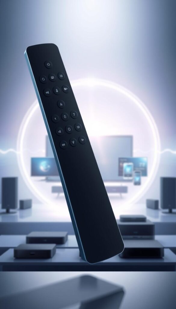 A high-tech, futuristic illustration showcasing the seamless compatibility of IPTVANBIETERTV devices. In the foreground, a sleek, minimal remote control with clean lines and a minimalist design hovers over a crisp, ultramodern interface displaying a range of compatible devices - smart TVs, tablets, smartphones, and streaming boxes. The middle ground features a dynamic arrangement of these devices, each radiating a soft, ambient glow that creates a sense of technological harmony. The background is a luminous, gradient-infused expanse, evoking a sense of limitless connectivity and the infinite possibilities of IPTV streaming. The overall mood is one of advanced technology, effortless integration, and a vision of the future of digital entertainment.