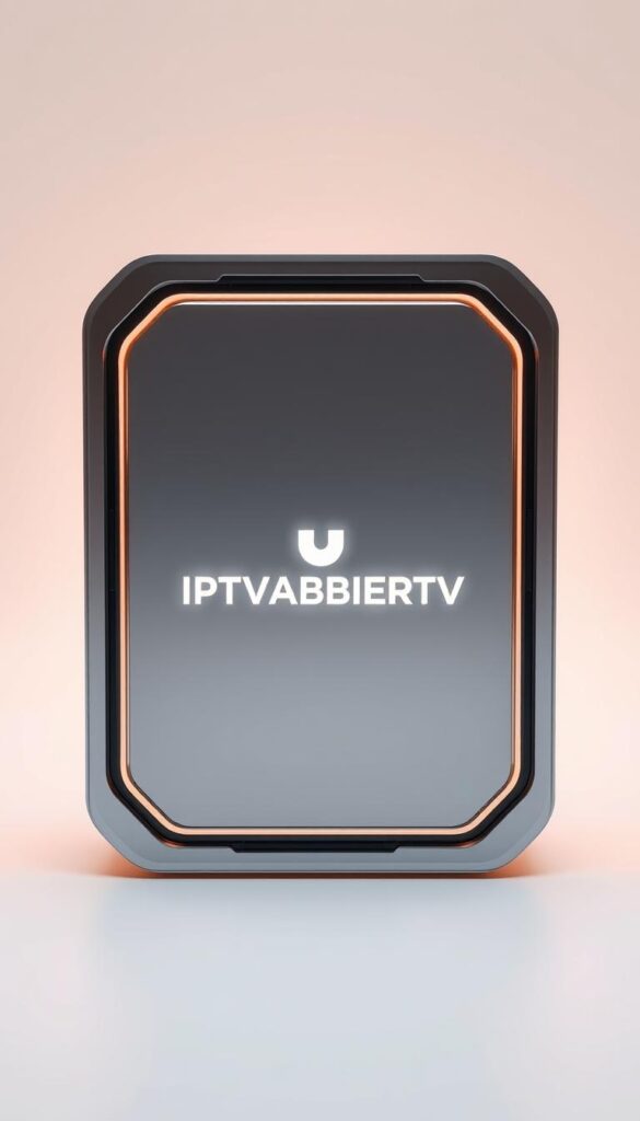 A high-tech, futuristic-looking IPTV device in a clean, minimalist design. The device is made of sleek, metallic materials with a glossy, reflective surface. The front panel features the IPTVANBIETERTV logo prominently displayed. Indirect lighting illuminates the device from behind, casting a soft, warm glow and creating a sense of depth and dimension. The device is situated on a plain, white background, allowing it to be the central focus of the image. The lighting and camera angle emphasize the device's modern, premium aesthetics, conveying a sense of quality and sophistication.