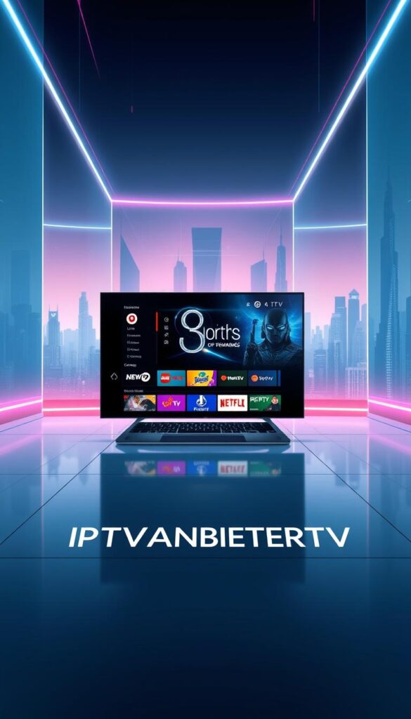 A high-tech, futuristic-looking illustration of an IPTV streaming service interface. Set in a sleek, minimalist environment with a focus on clean lines and modern design elements. The foreground should feature the brand name "IPTVANBIETERTV" prominently displayed, along with various app icons and intuitive user interface controls. The middle ground should showcase a selection of live TV channels, on-demand content, and streaming options. The background should depict a cityscape or technology-inspired landscape, conveying a sense of connectivity and the future of entertainment. Lighting should be cool-toned and dramatic, with a touch of neon accents to enhance the cyberpunk aesthetic. The overall composition should be visually striking and appeal to a tech-savvy audience. A high-tech, futuristic-looking illustration of an IPTV streaming service interface. Set in a sleek, minimalist environment with a focus on clean lines and modern design elements. The foreground should feature the brand name "IPTVANBIETERTV" prominently displayed, along with various app icons and intuitive user interface controls. The middle ground should showcase a selection of live TV channels, on-demand content, and streaming options. The background should depict a cityscape or technology-inspired landscape, conveying a sense of connectivity and the future of entertainment. Lighting should be cool-toned and dramatic, with a touch of neon accents to enhance the cyberpunk aesthetic. The overall composition should be visually striking and appeal to a tech-savvy audience.